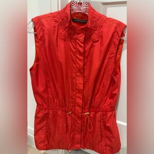 Elie Tahari Vibrant Red Long Detailed Fabric Zip Vest with Center Pull Cord.Sz S